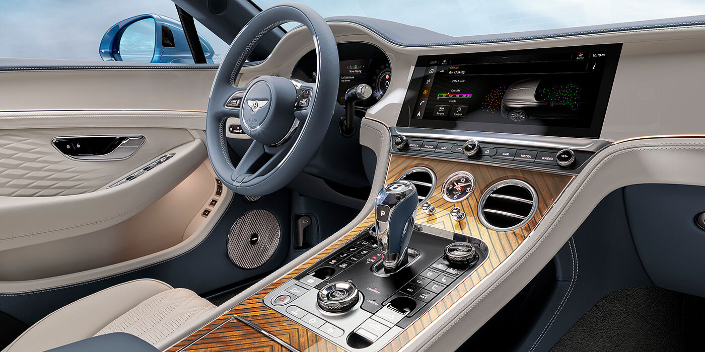 Bentley San Juan New Bentley Continental GTC Azure convertible interior front cabin view with Linen and Brunel hides and Piano Linen by Mulliner veneer featuring centre console and centre MMI screen
