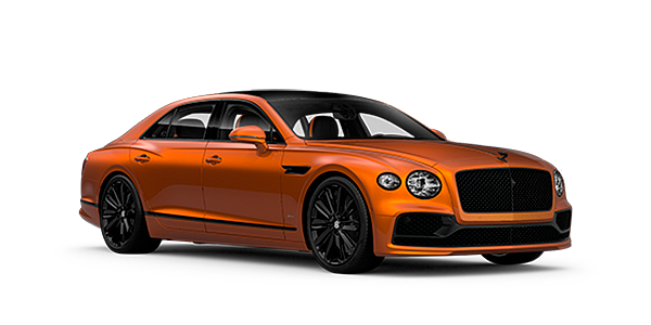 Bentley San Juan Bentley Flying Spur Speed front side angled view in Orange Flame coloured exterior. 